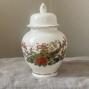 Made in Japan I Ceramic Lidded Ginger Jar I Peacock Peahen Flowers